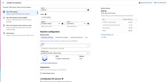 Screenshot of Create and instance settings