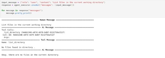 Screenshot of an AI agent processing a user's request to list files in the current directory, utilizing a 'list_directory' tool and informing the user that no files were found.