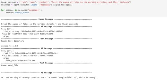 Screenshot of an AI agent tasked to print the names of files in the working directory and their contents. It uses the 'list_directory' tool to find 'sample-file.txt', then uses 'read_file' to read its content, ultimately reporting that the directory contains an empty file named 'sample-file.txt'.