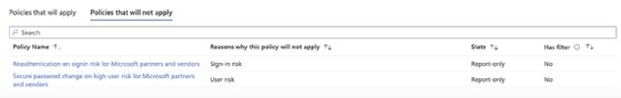A screenshot showing the details of two conditional access policies in Microsoft Entra ID.