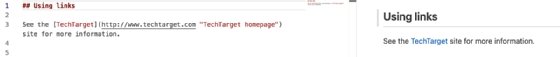 Link syntax in Markdown and the corresponding preview.