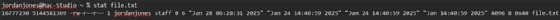 A screenshot showing the Linux stat command.