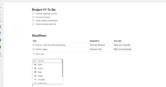A screenshot of Microsoft Loop pages with different components