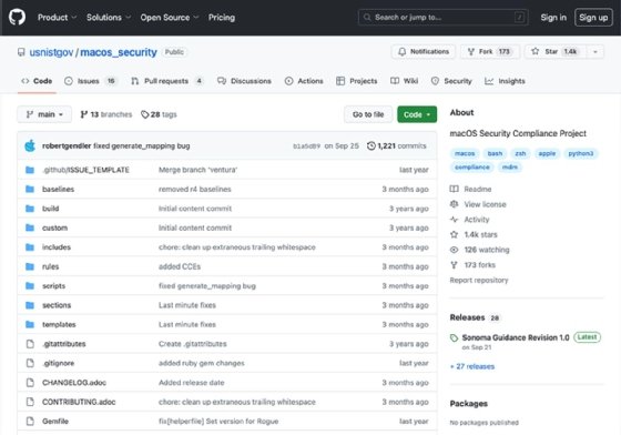 The GitHub interface showing all hosted components of the macOS Security Compliance Project.