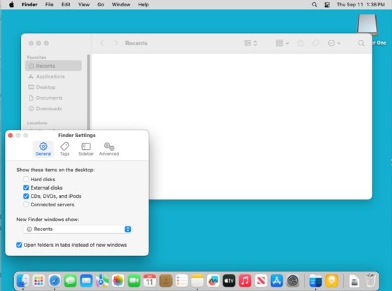 The Finder Settings window in macOS.