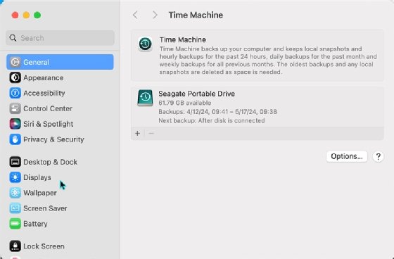 Screenshot of the Time Machine general settings.
