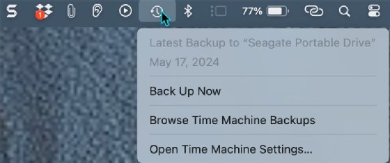 Screenshot of a user selecting the Back Up Now option from the menu bar.