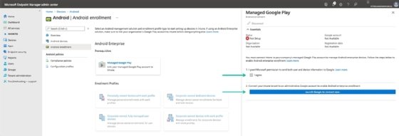 The Microsoft Endpoint Manager console displaying an agreement that IT admins must check off before triggering enrollment