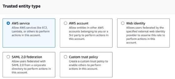 Choose AWS service as an entity type to create IAM role