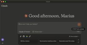 Screenshot of the Claude Desktop interface showing the hammer icon, with a tooltip indicating available MCP tools.