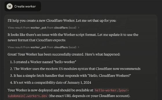 Screenshot of Claude creating a new Cloudflare Worker, showing deployment steps and confirmation after using Cloudflare MCP server.