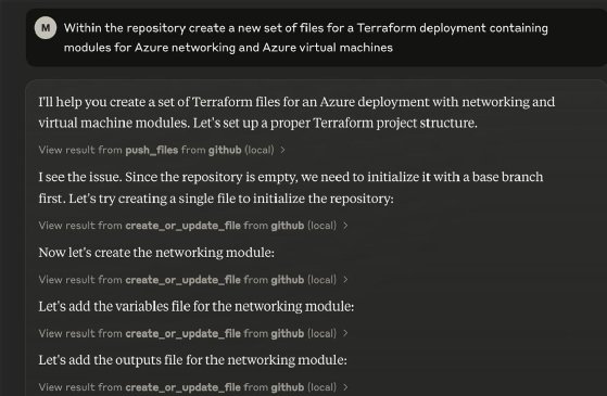 Screenshot of Claude creating a set of Terraform files for an Azure deployment, using the GitHub MCP server to initialize a repository.