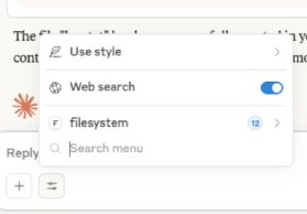 Screenshot of Claude Desktop that shows a menu with the following options: 'Use style,' 'Web search' (which is toggled on), 'filesystem' and a search menu. The 'Reply' and '+' buttons are at the bottom left.