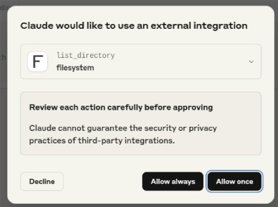 Screenshot of a pop-up alert from Claude asking for permission to use list_directory from the filesystem. It warns about third-party integration security. The options are Decline, Allow always and Allow once.