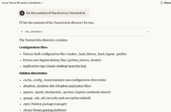 Screenshot of Linux Home Directory Contents showing configuration files and hidden directories inside the /home/chris directory, accessed via the 