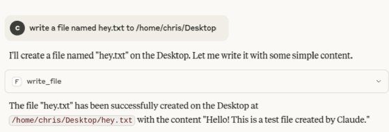 Screenshot of a text file named 'hey.txt' written to the /home/chris/Desktop/hey.txt path with the specified content using the 'write_file' command.