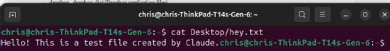Screenshot of the terminal showing the contents of 'hey.txt' after using the cat command: 'Hello! This is a test file created by Claude.'