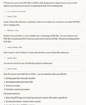 Screenshot illustrating the step-by-step process of converting PHP files to HTML. This includes exploring directory structures, searching for specific files, reading multiple files and then converting them.