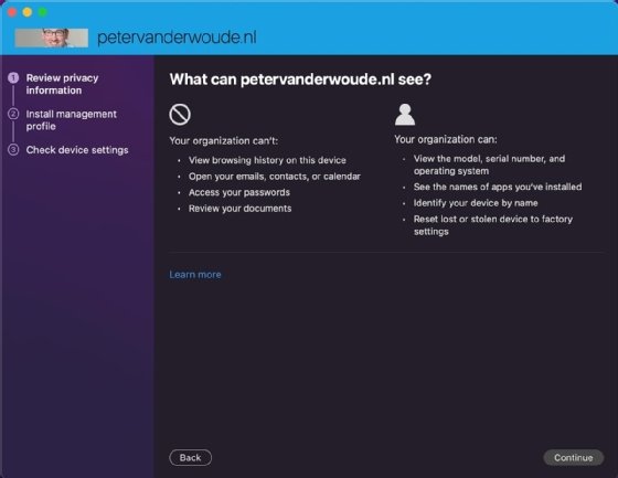 An image of the Company Portal app displaying the Mac's privacy information.