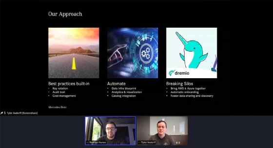 Screenshot of Mercedes Benz execs at the Subsurface virtual conference sponsored by data lake vendor Dremio.