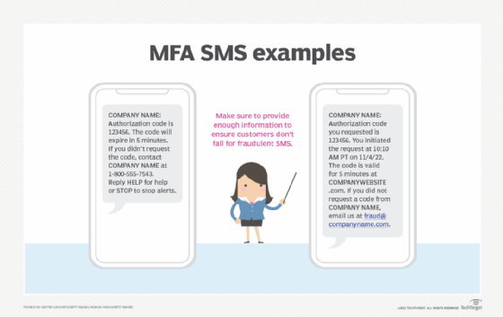 Graphic of two smartphones displaying examples of MFA messages. 