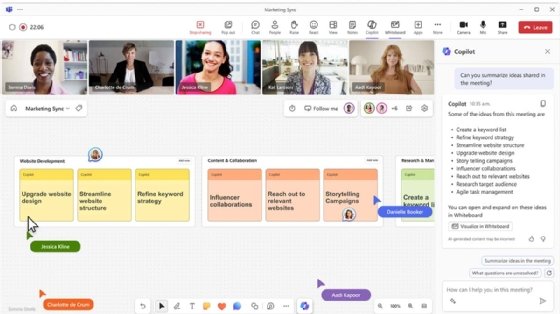 Screenshot of Copilot bringing Teams meeting ideas into Microsoft Whiteboard.