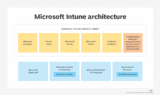 A diagram showing the Intune product family and related Microsoft services.