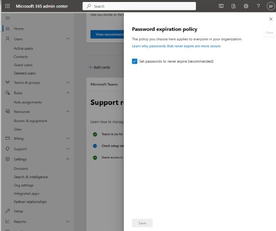 The choice to allow passwords to never expire shown in the Microsoft 365 admin center.