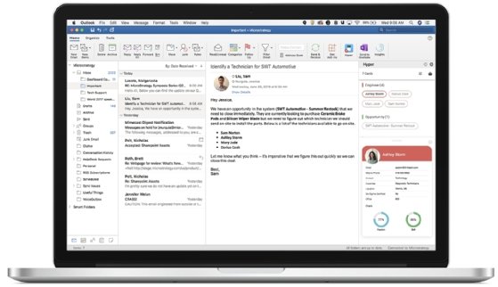 A user's email exchange information is displayed on a HyperIntelligence for Office card.