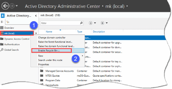 Enabling the Active Directory Recycle Bin