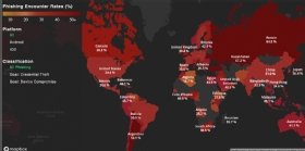 A map showing the global rates at which different countries experience phishing