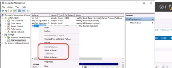 Screenshot of the Disk Management interface showing how to modify the volume of a virtual disk.