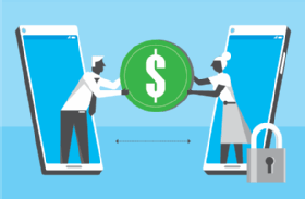 Symbolic illustration of two people securely exchanging money using smartphones.