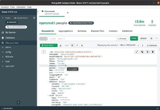 Screenshot of MongoDB 6.0 queryable encryption feature