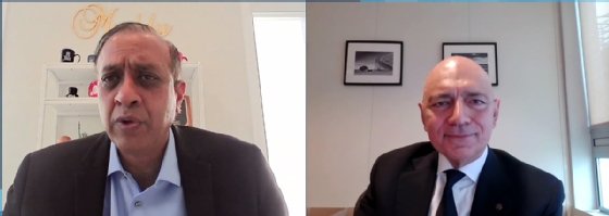 Photos of Muddu Sudhakar of Salesforce and Omar Baig of UNESCO discussing Salesforce's ITSM