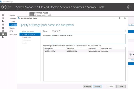 Screenshot of the New Storage Pool Wizard prompting the user to specify a storage pool name and system.