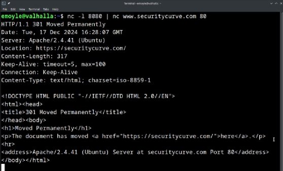 Screenshot of the client connection after creating a listening socket in Netcat