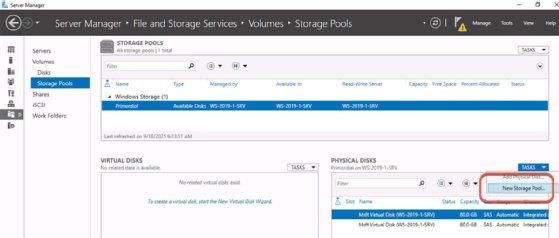 Screenshot of the Storage Pools settings in Windows Server Manager showing where to locate the New Storage Pool button.