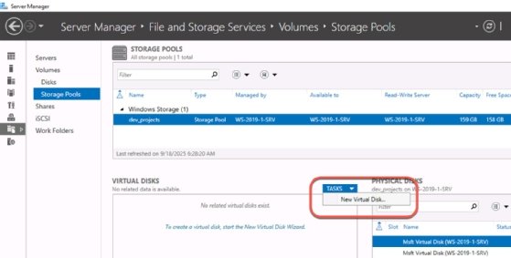 Screenshot of the Storage Pools settings in Windows Server Manager showing where to locate the New Virtual Disk button.