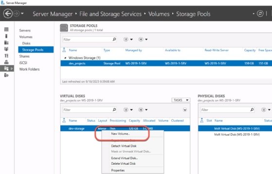 Screenshot of the Storage Pools settings in Windows Server Manager showing where to locate the New Volume button in the Virtual Disks pane.