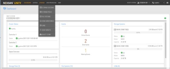 Nexsan Unity 7.0 dashboard