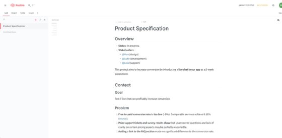 A screenshot of Nuclino's default software design document template
