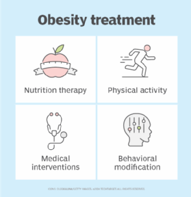 Chart depicting the four pillars of obesity care management including nutrition therapy, physical activity, medical interventions and behavioral modification