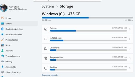 A screenshot showing the amount of used and free space for apps and other files.