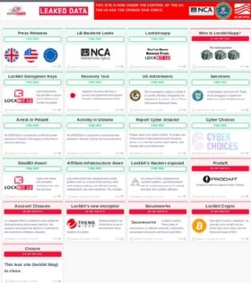 Screenshot of law enforcement's 'Operation Cronos' takeover of LockBit's leak site displaying various articles about the takedown.