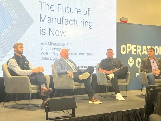 Erik Mirandette, head of product and ecosystem at Tulip; Gilad Langer, head of customer services at Tulip; Walker Reynolds, chair of Intellic Integration; and John Dyck, CEO at Clean Energy Smart Manufacturing Innovation Institute, speak at the Operations Calling 2023 conference.