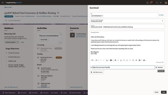 Screenshot of Oracle Cloud Sales generative AI writing a sales letter in a friendly tone.