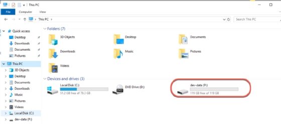 Screenshot of Windows File Manager showing how a newly created volume appears as a drive in the 