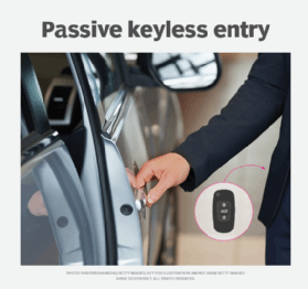 Image of a person with a key fob using passive keyless entry to unlock a vehicle.