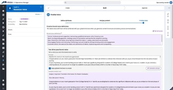 Pega Operations Manager brand voice screenshot.